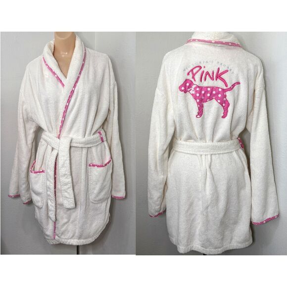 Victoria's Secret Other - Victorias Secret PINK Womens Robe Medium Terry Cloth Bath Love Pink Dog Y2K Vtg
